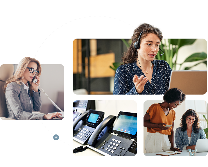 A collage of business professionals using desk phones, headsets and laptops alongside modern VoIP desk phones, illustrating Elite Group's business phone system and unified communications solutions